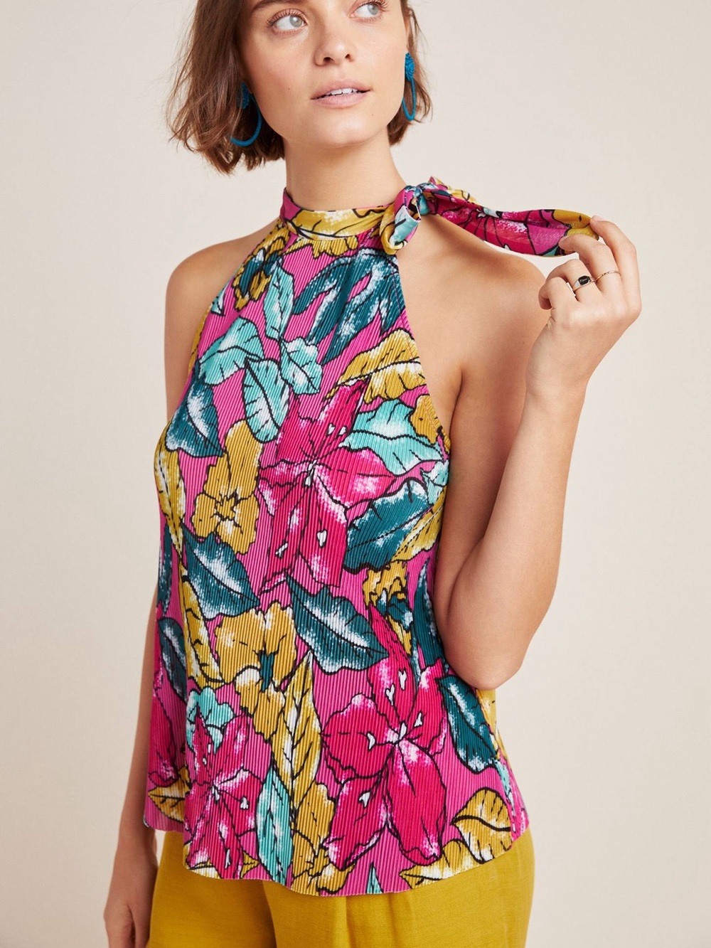 Maeve‎ Anthropologie Glocester Floral Pleated Tie Halter Neck Top Pink Small